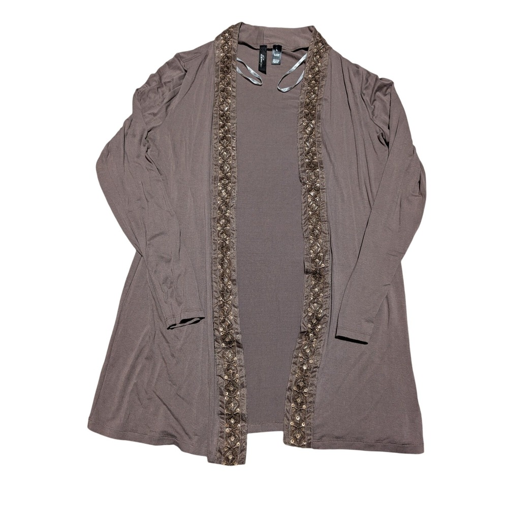 BKE‎ Boutique Open Front Cardigan Beaded Embellishment Long Sleeve Brown L